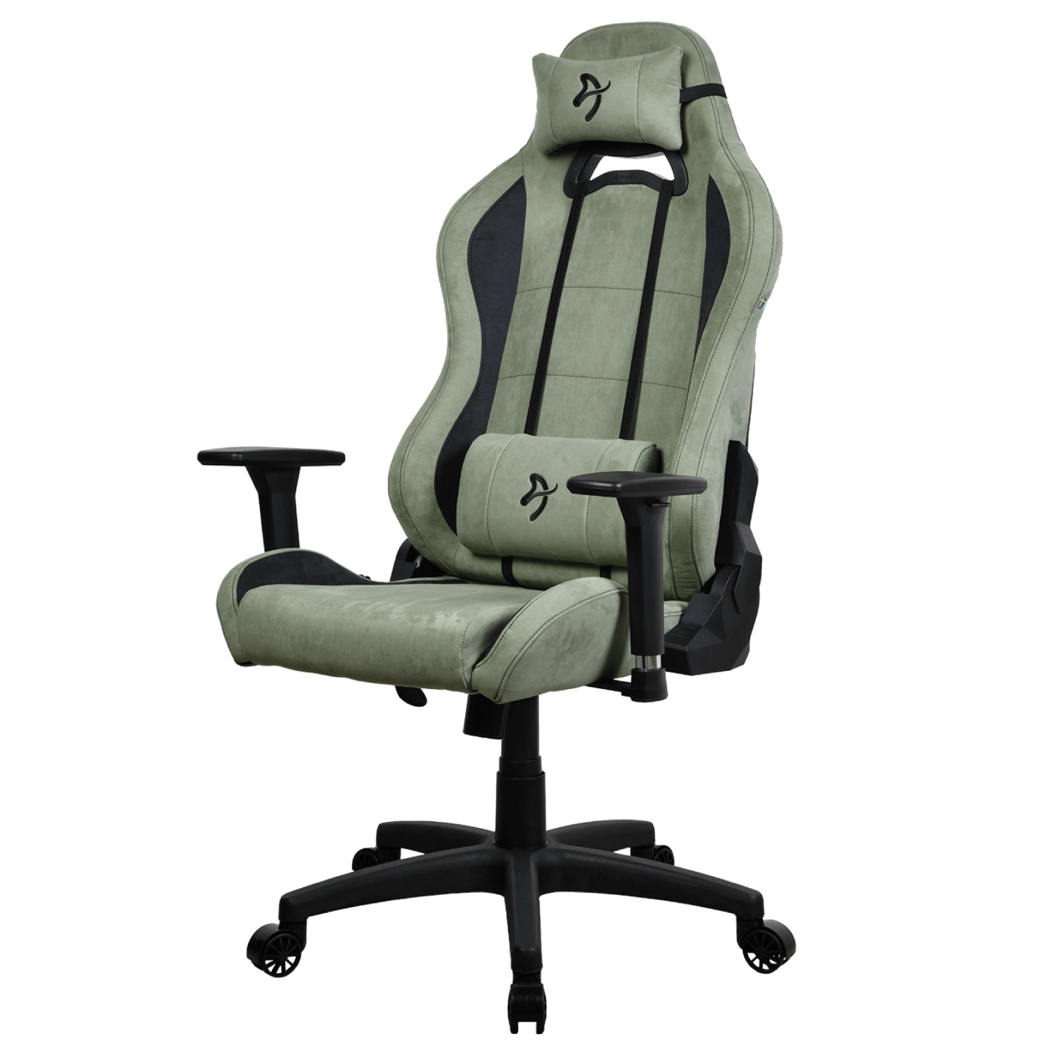 Ein hellgrüner Gaming-Stuhl mit schwarzen Akzenten und Lendenwirbelstütze.