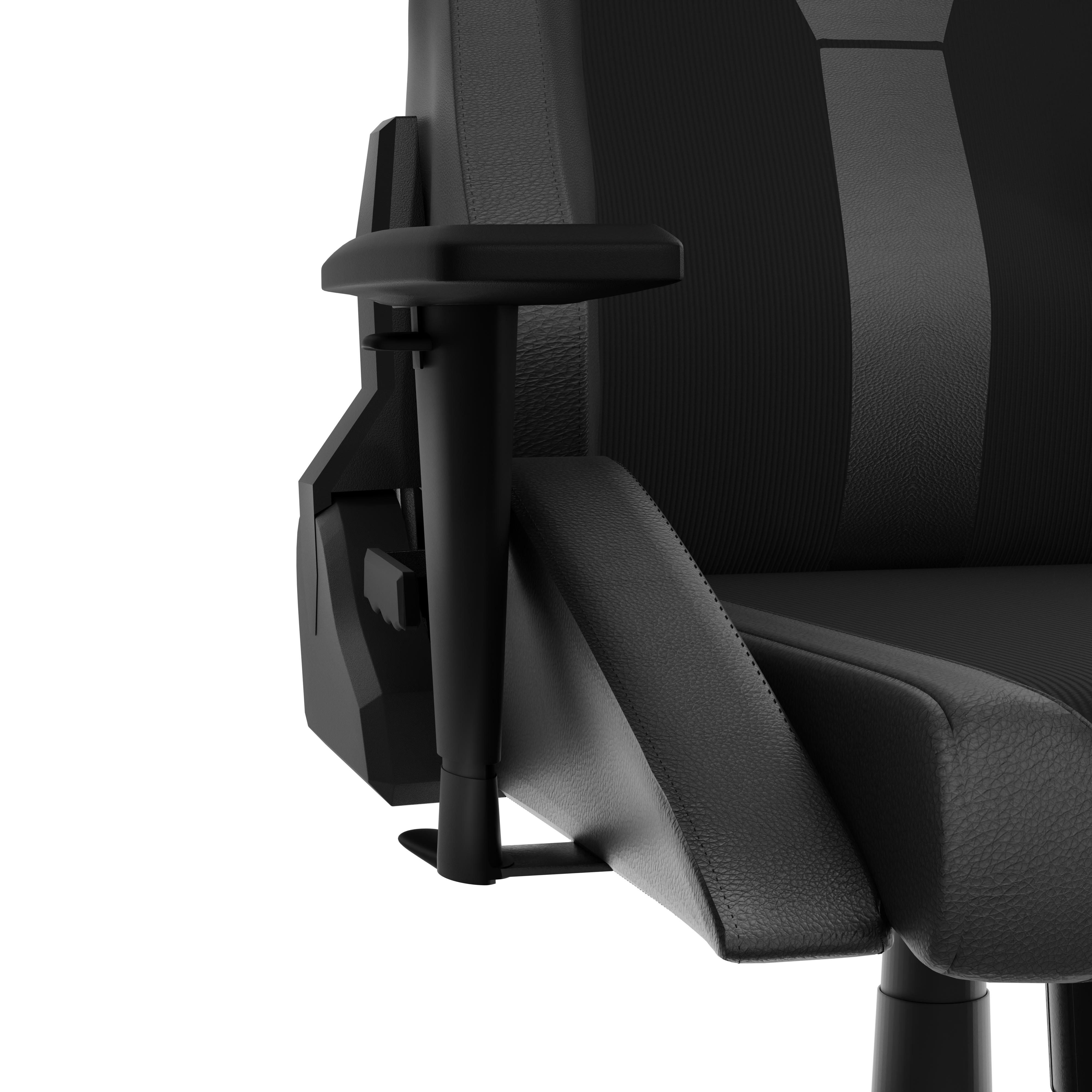 Close-up van een zwarte gamestoel met armleuning en zitting.