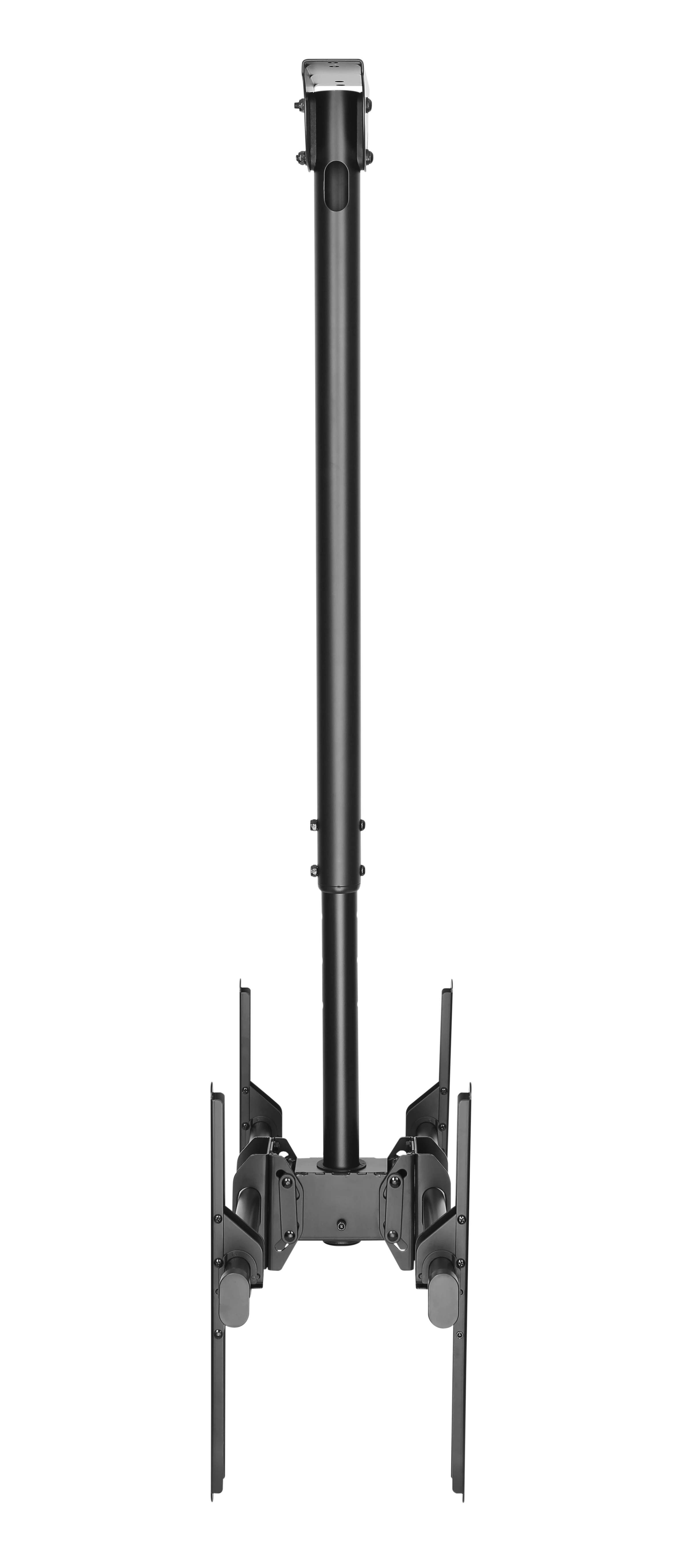 Un soporte de techo negro para televisores, con brazos ajustables.