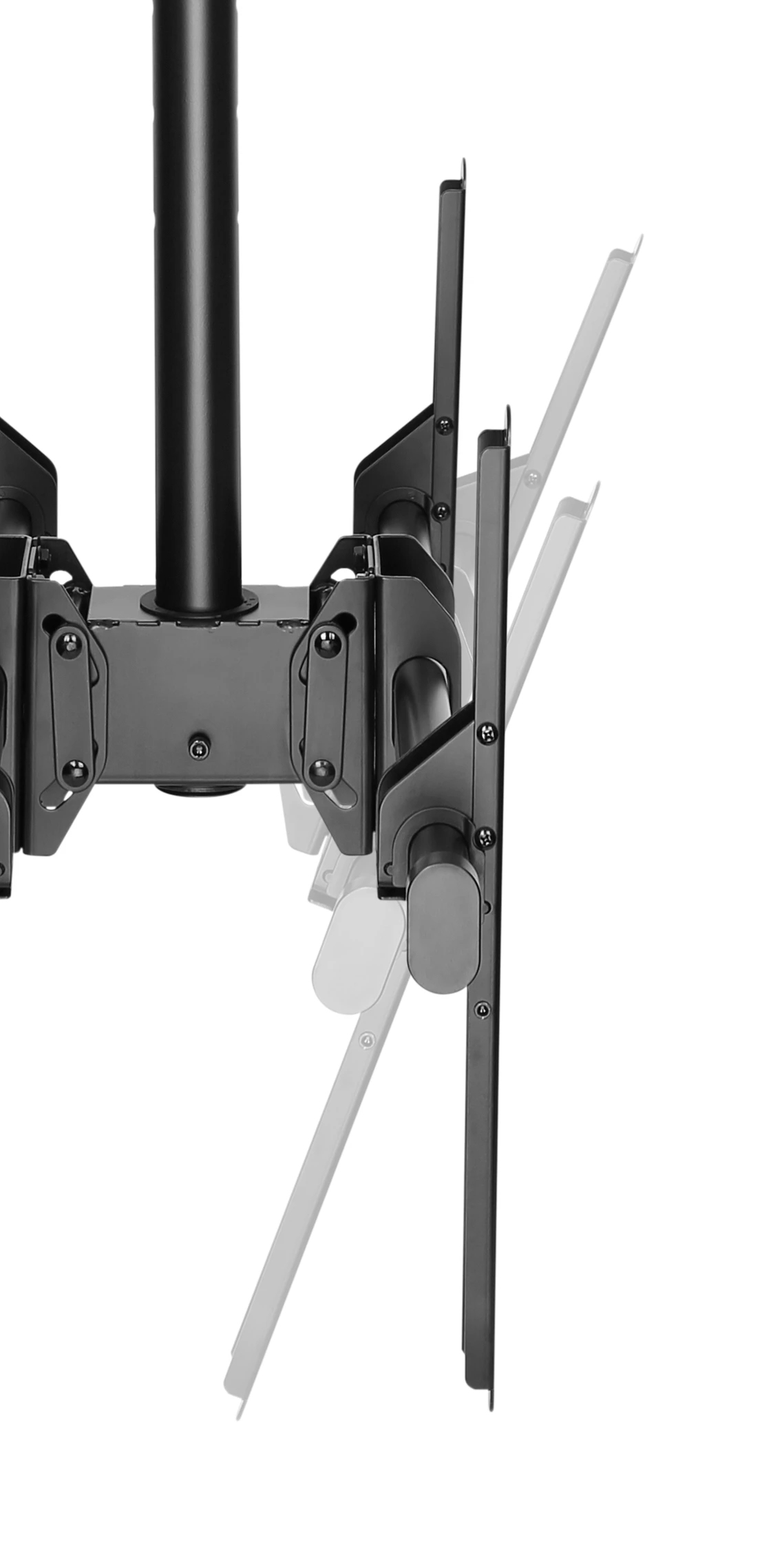 Brazo de monitor negro con articulación y soporte ajustables.