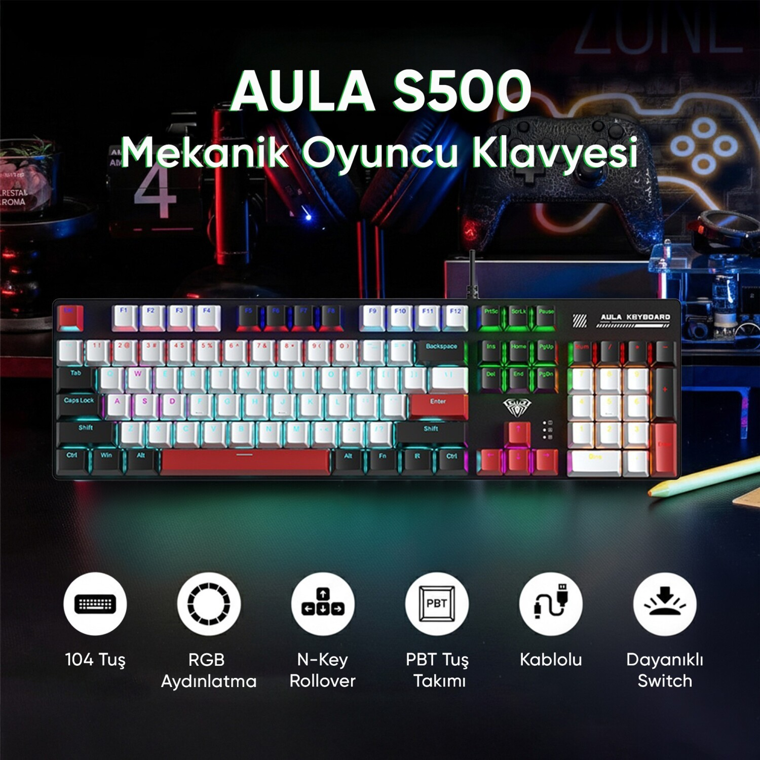 AULA S500 mekanik oyuncu klavyesi, RGB aydınlatmalı, PBT tuş takımlı, kablolu.