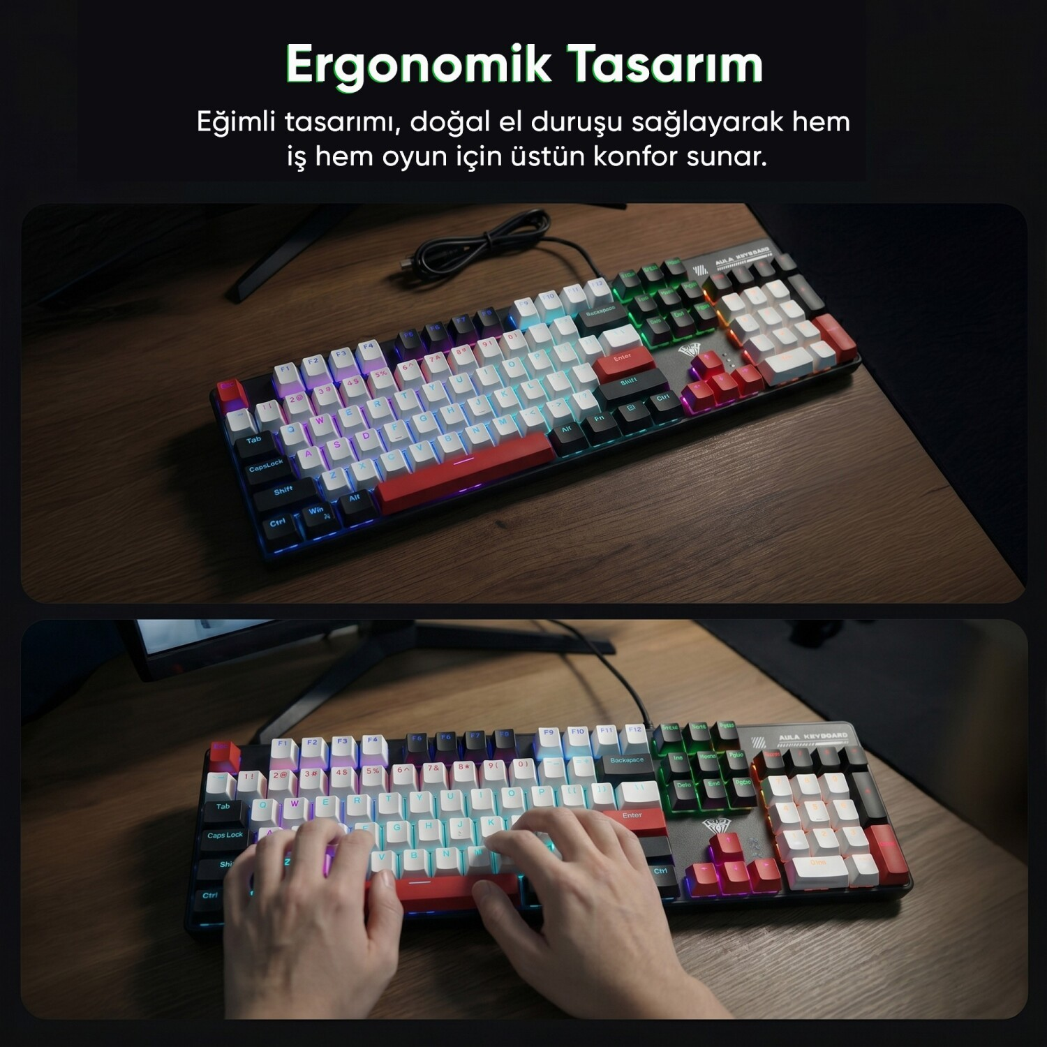 Ergonomik, arkadan aydınlatmalı klavye, kırmızı ve beyaz tuşlara sahip.