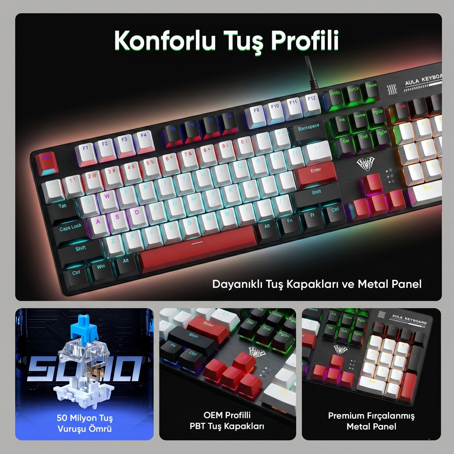 RGB aydınlatmalı, mavi switch'li ve PBT tuş kapaklı mekanik klavye.