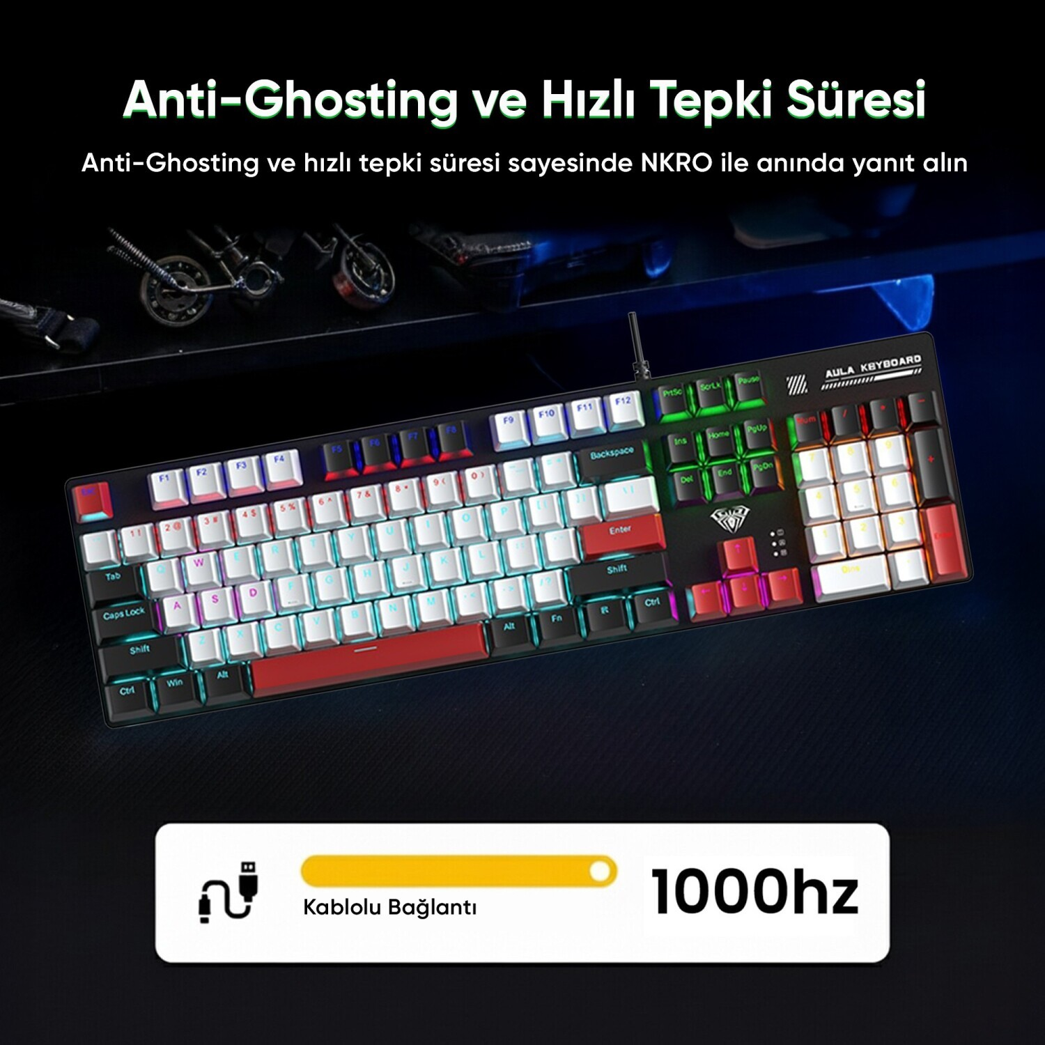 RGB aydınlatmalı ve kablolu bağlantılı mekanik klavye, 1000Hz destekli.
