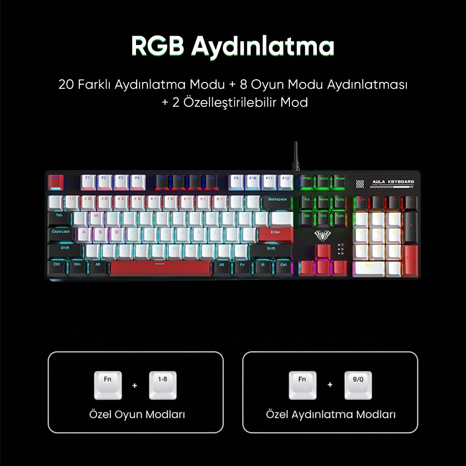 Farklı aydınlatma ve oyun modlarına sahip bir RGB klavye gösterilmektedir.