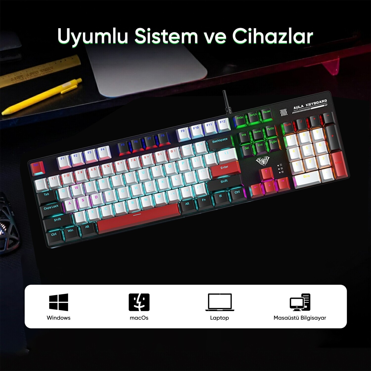 Windows, macOS, dizüstü ve masaüstü bilgisayarlarla uyumlu arkadan aydınlatmalı klavye.