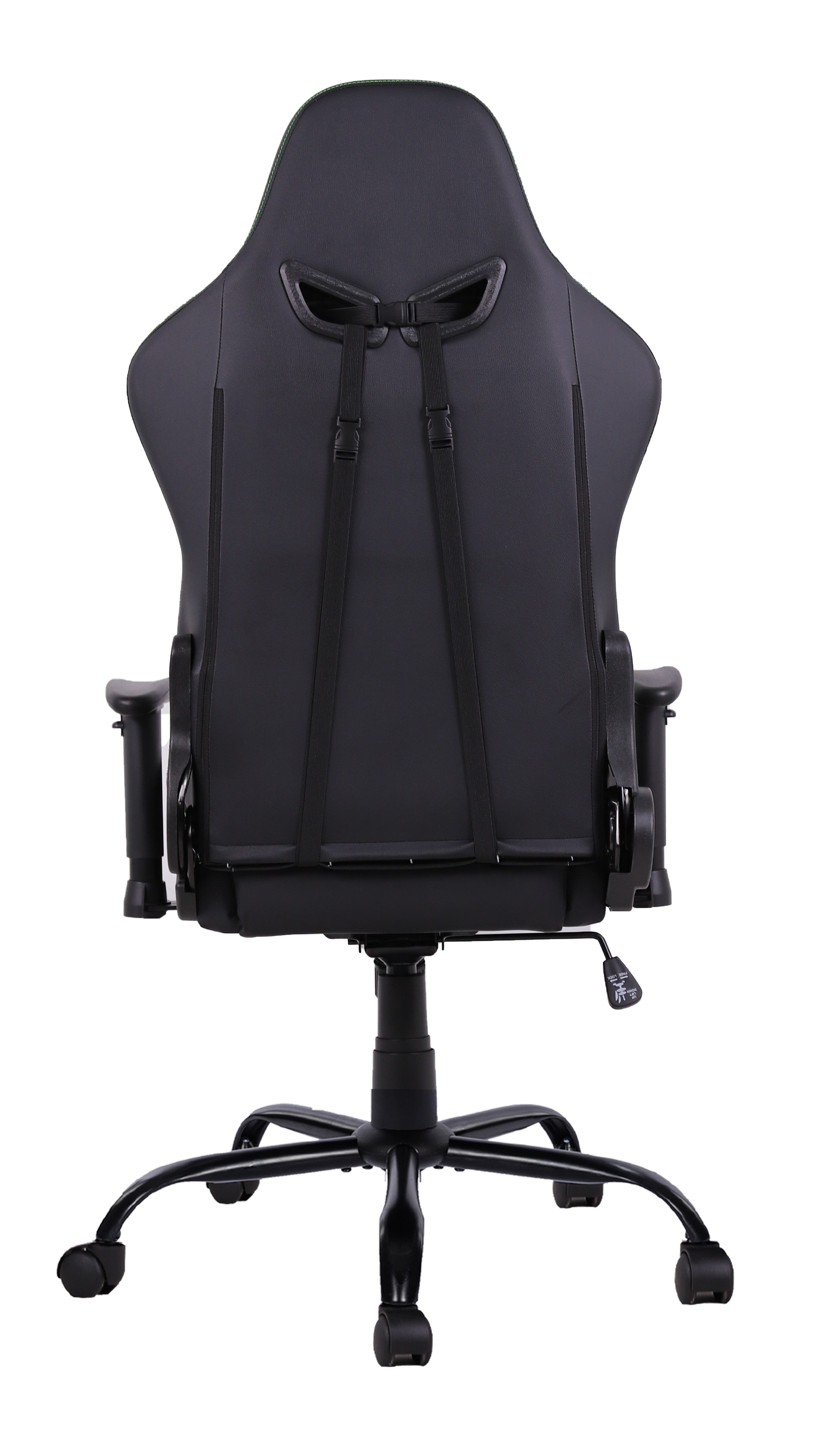 Rückansicht eines schwarzen Gaming-Stuhls mit Rädern und verstellbaren Gurten.