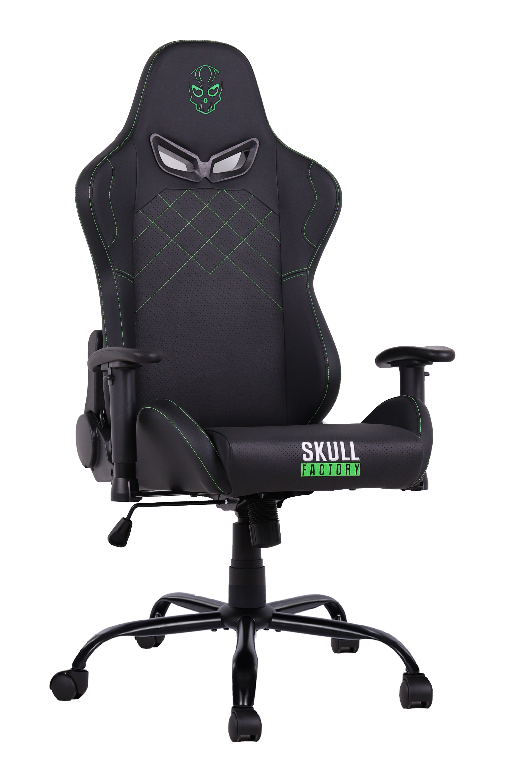 Schwarzer Gaming-Stuhl mit grünen Nähten und Totenkopf-Logo.