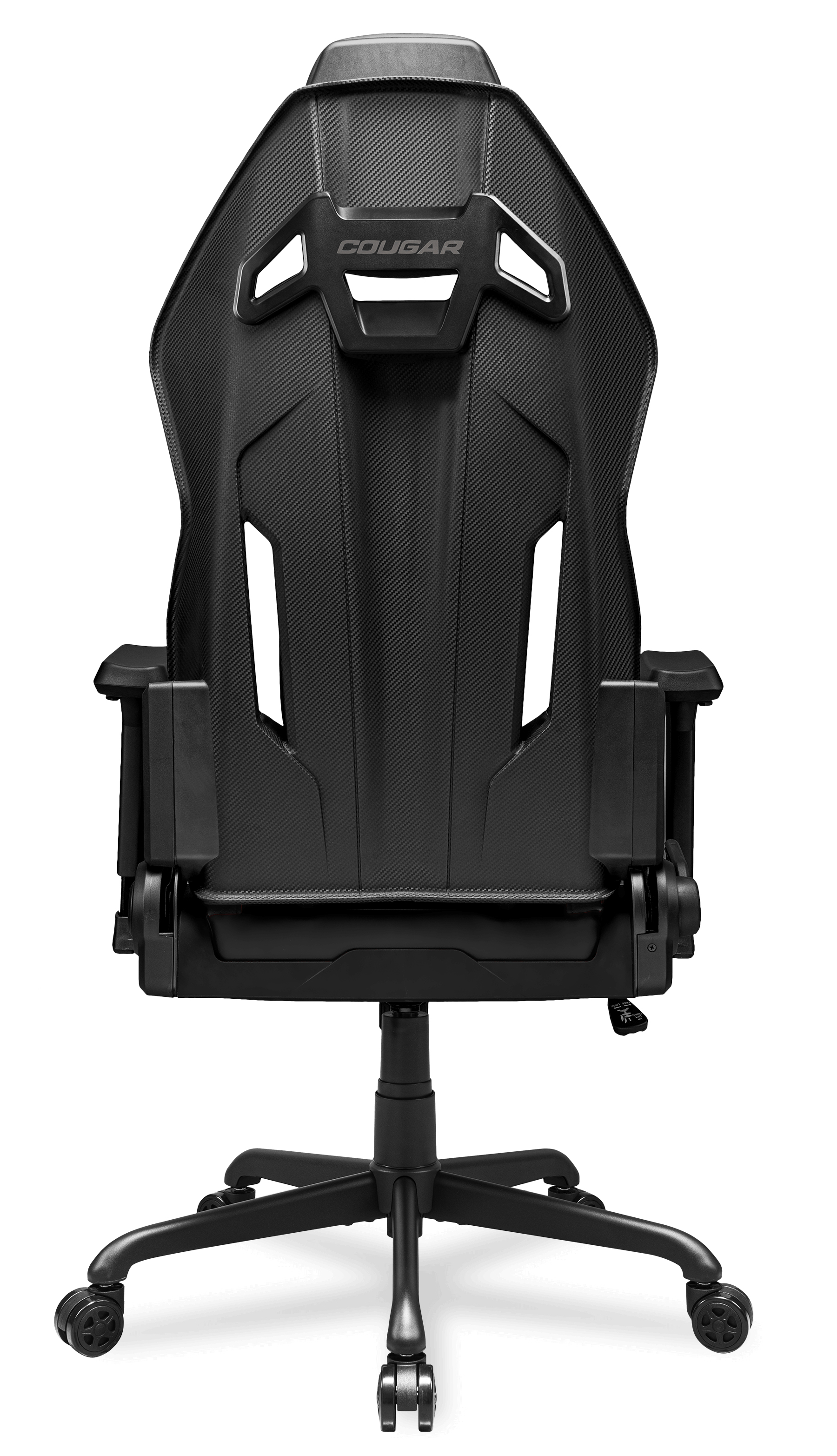Rückansicht eines schwarzen Gaming-Stuhls mit Karbonfaser-Muster und Logo.
