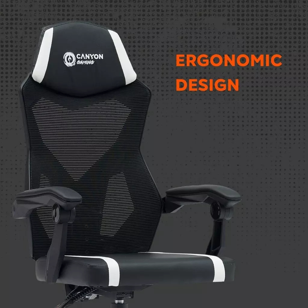 Sedia da gaming nera con logo bianco e poggiatesta, design ergonomico.