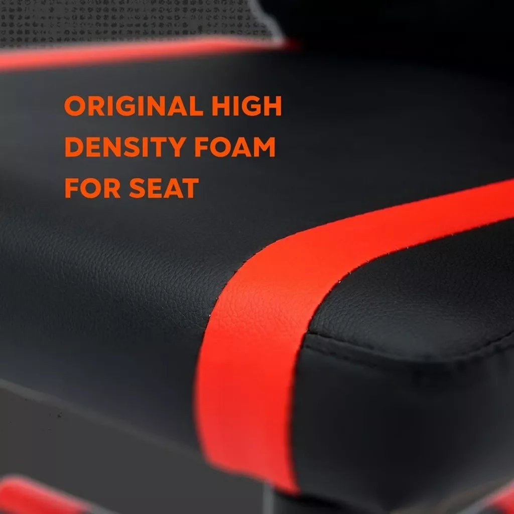 Sedile nero con finiture rosse e testo "Original High Density Foam For Seat".