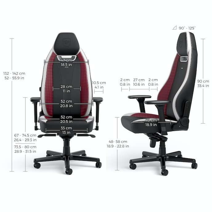 Gaming-Stuhl mit Maßangaben in cm und Zoll. Schwarz, Rot und Weiß.