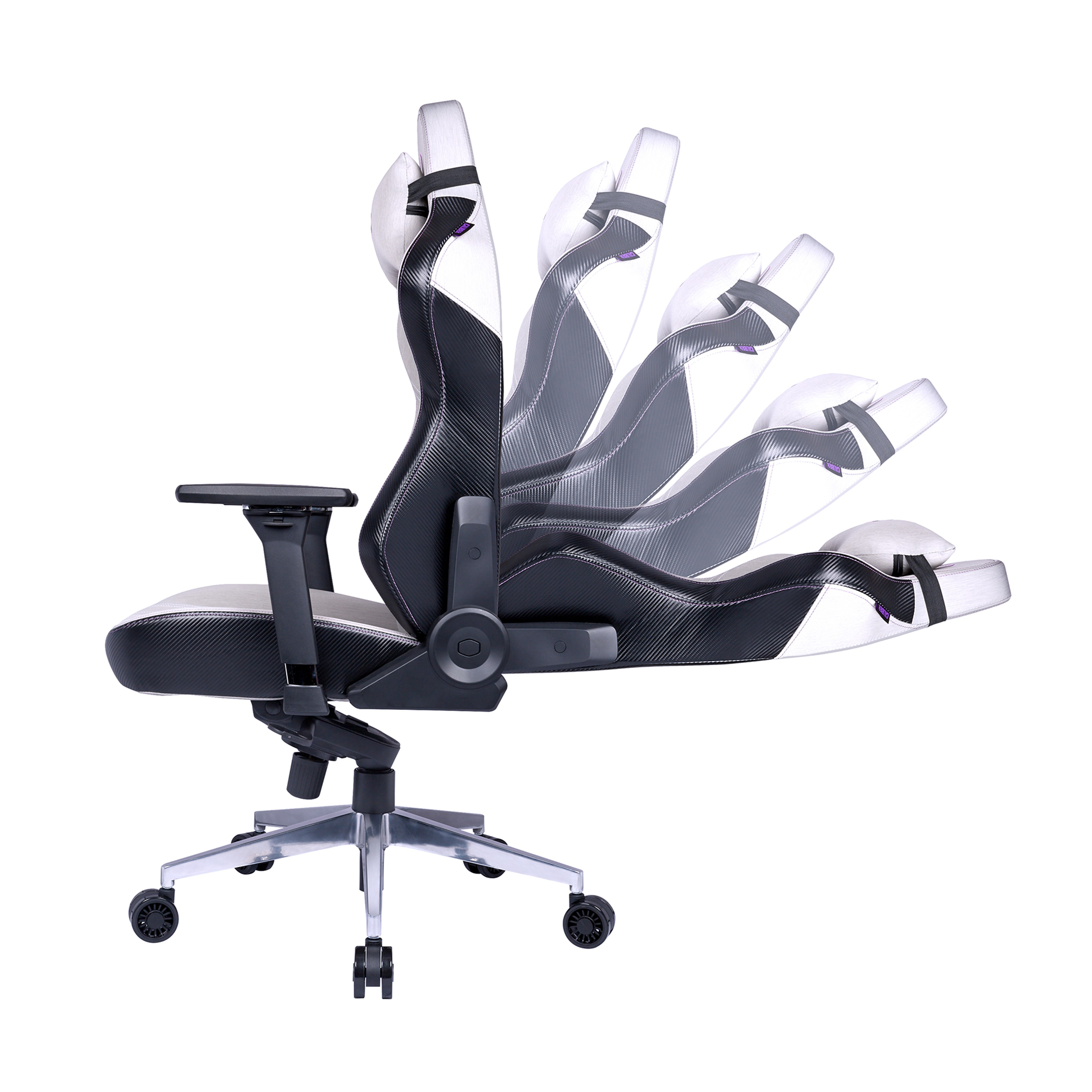 Sedia da gaming bianca e nera con schienale regolabile, su sfondo bianco.