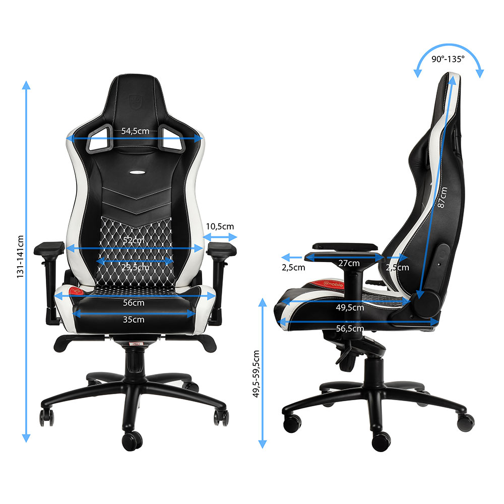 Chaise gaming noire et blanche avec dimensions, vues de face et de côté.