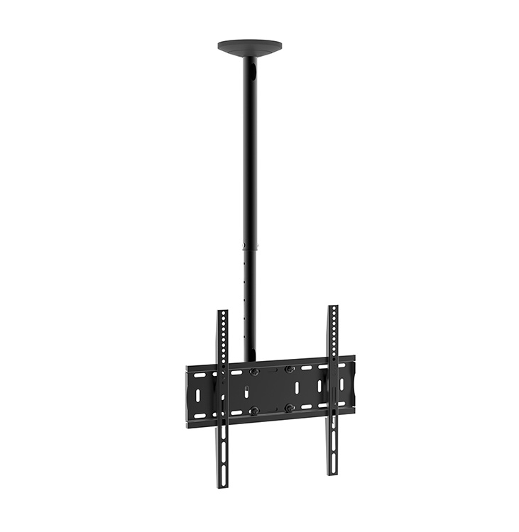 Supporto TV a soffitto nero con asta regolabile e piastra di montaggio.