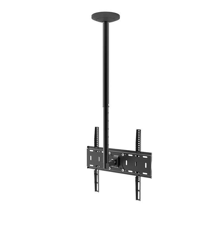 Supporto da soffitto TV nero con braccio regolabile e piastre VESA.