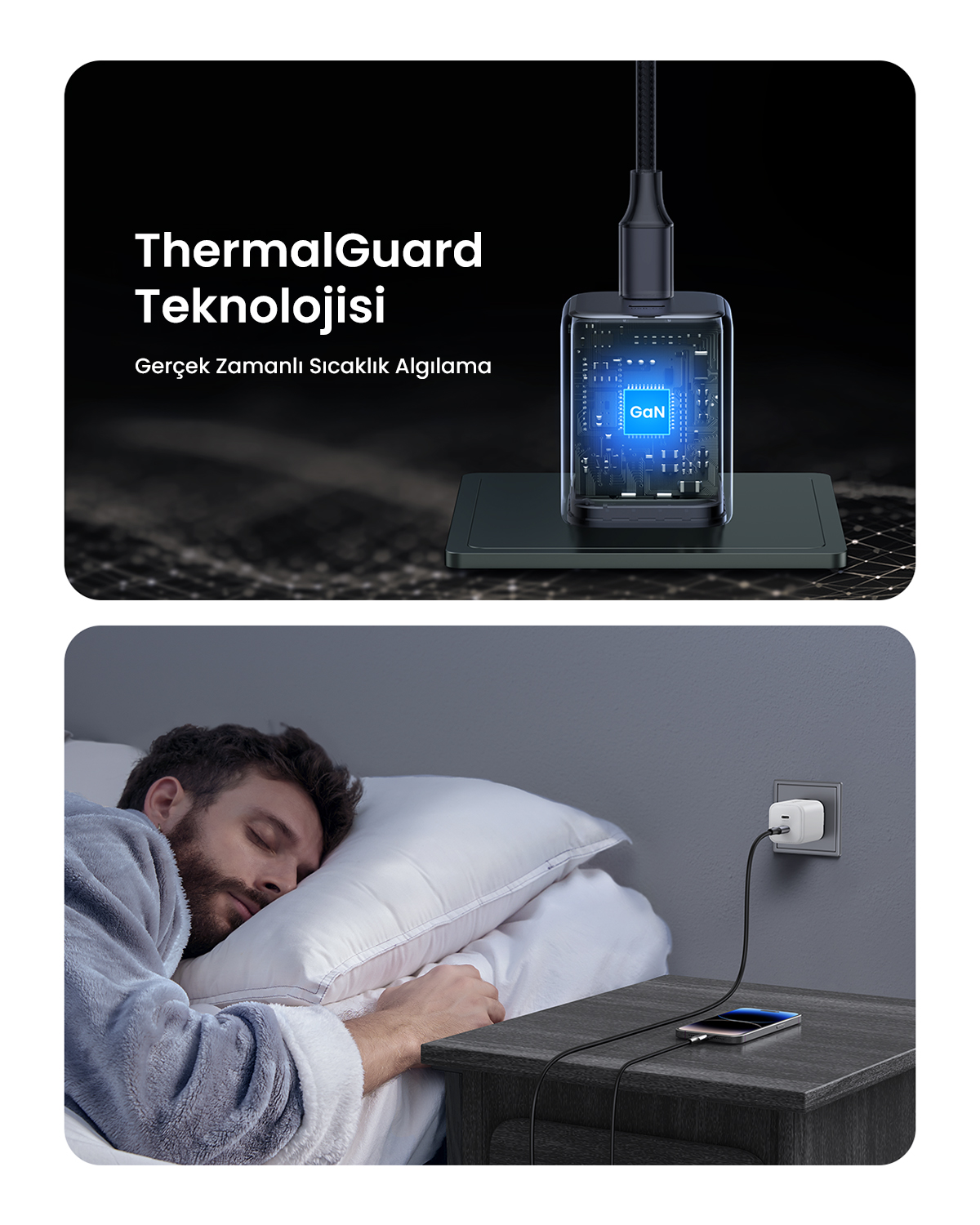 Un uomo dorme mentre un telefono si carica su un comodino.