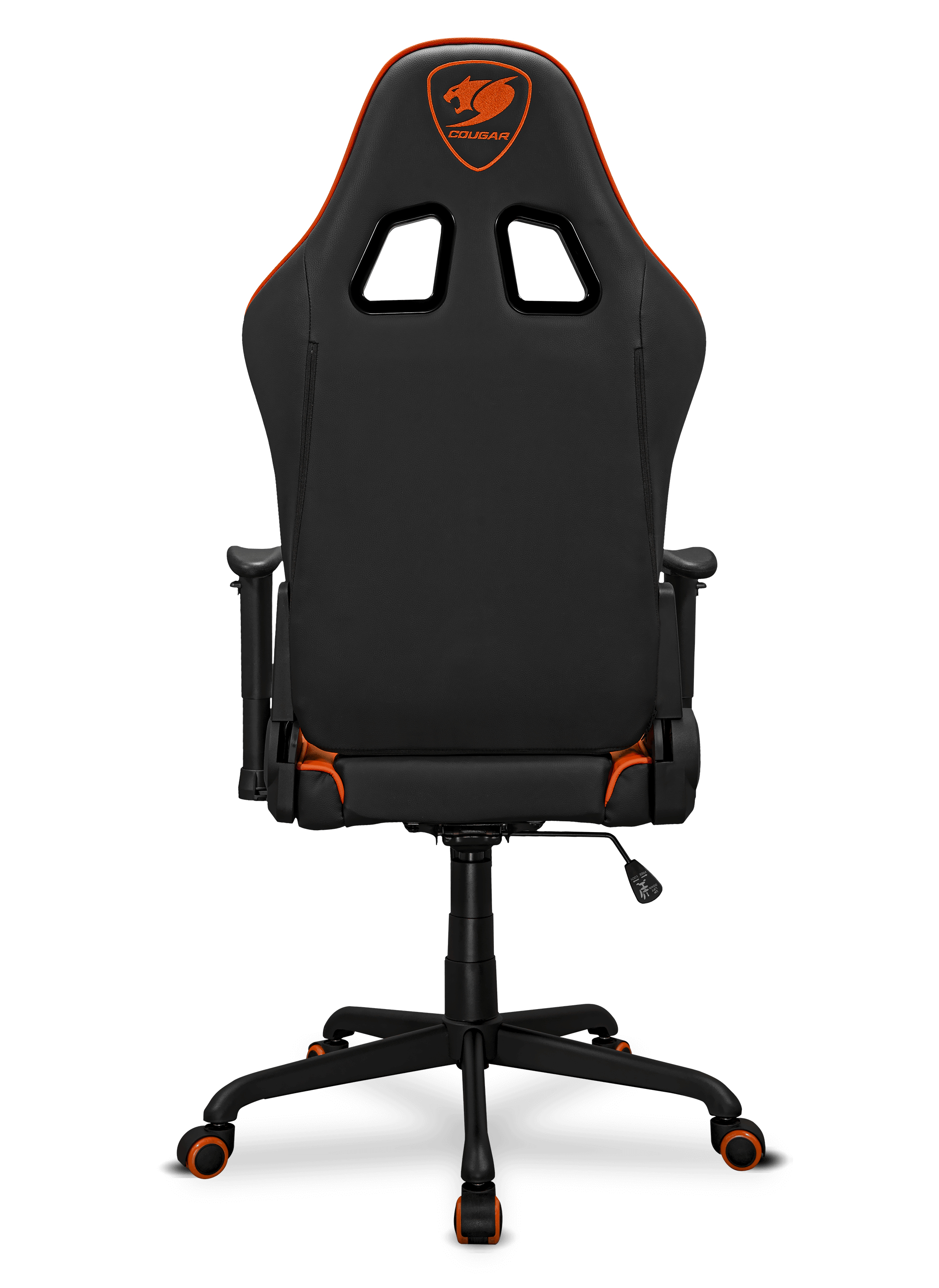 Sedia da gaming nera con finiture arancioni e logo Cougar. Vista posteriore.