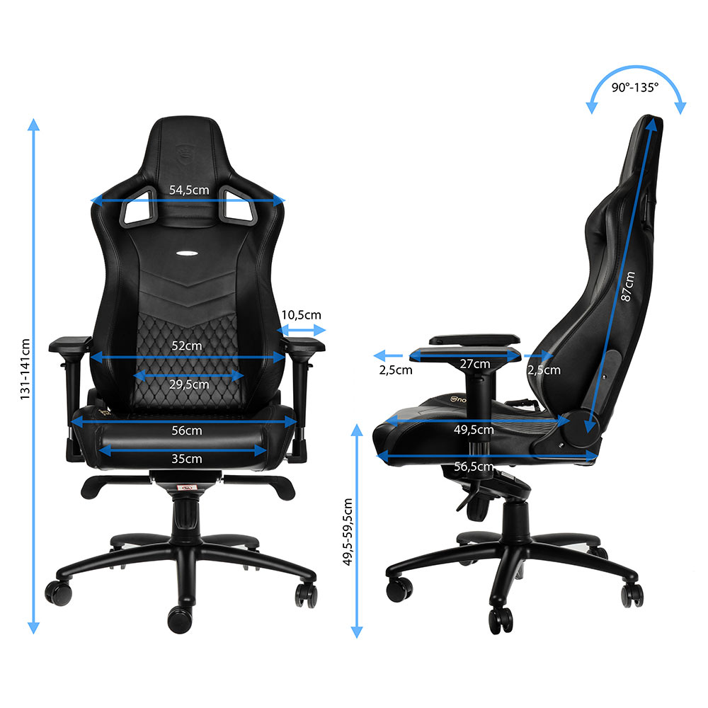Zwei Ansichten eines schwarzen Gaming-Stuhls mit Maßen.