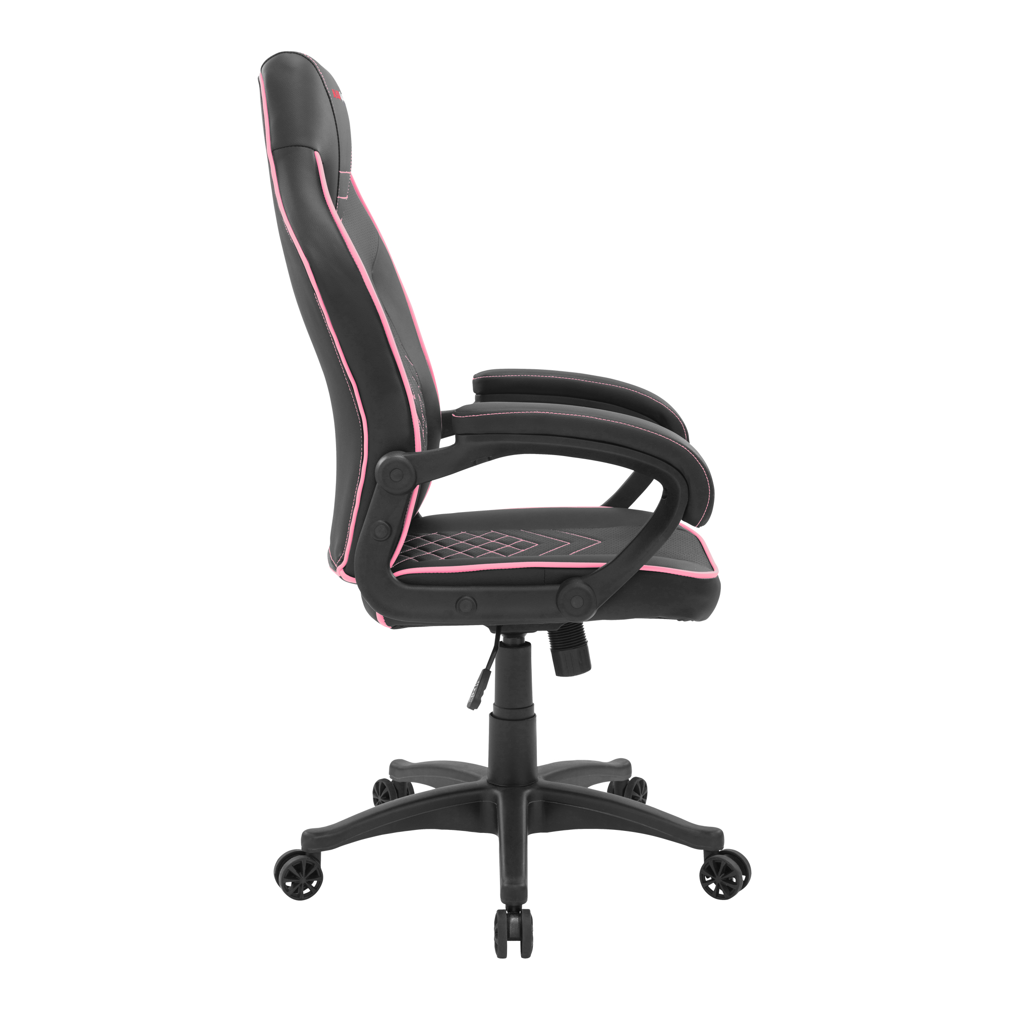 Silla gaming negra con costuras rosas y ruedas.