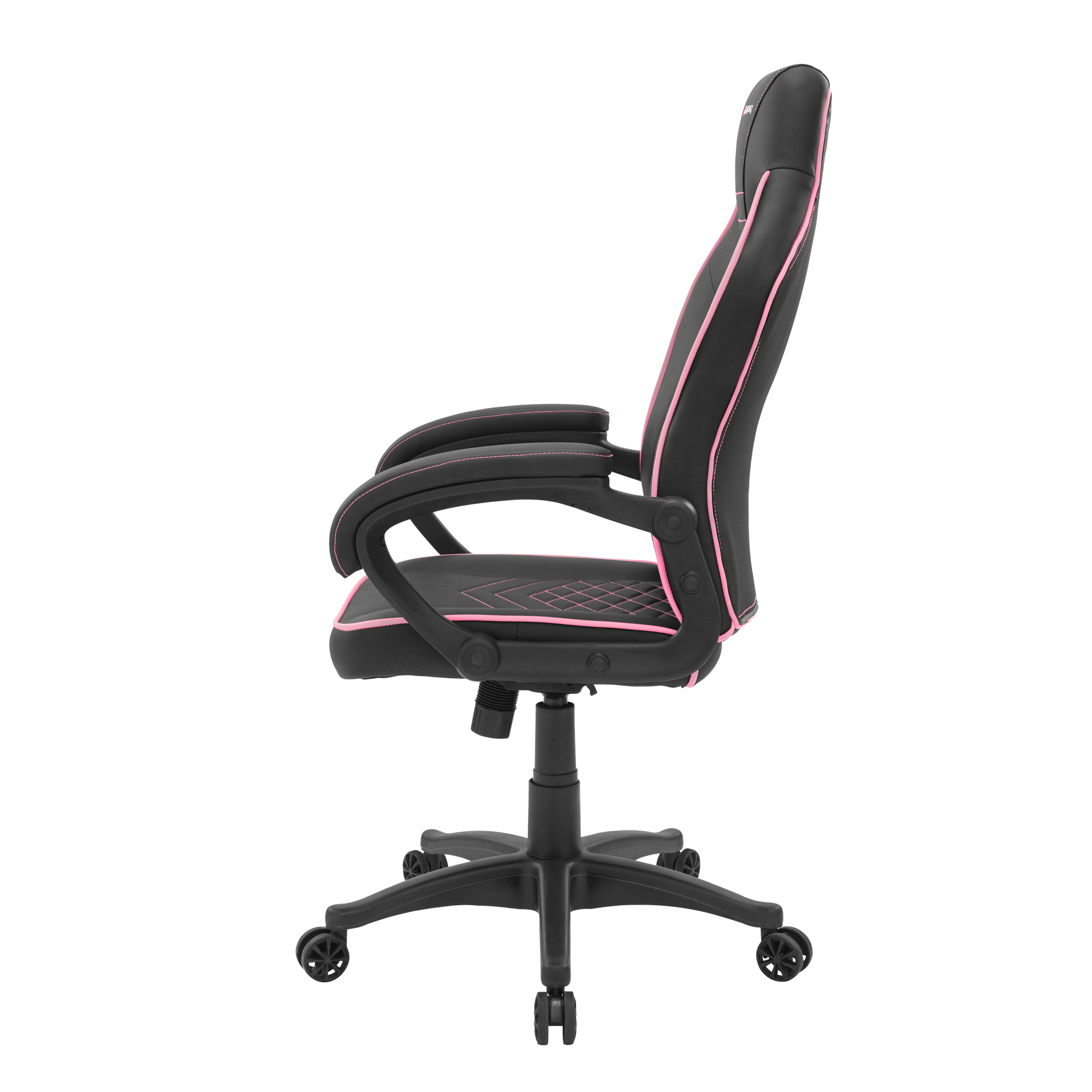 Silla gamer negra con detalles rosas, vista de lado.
