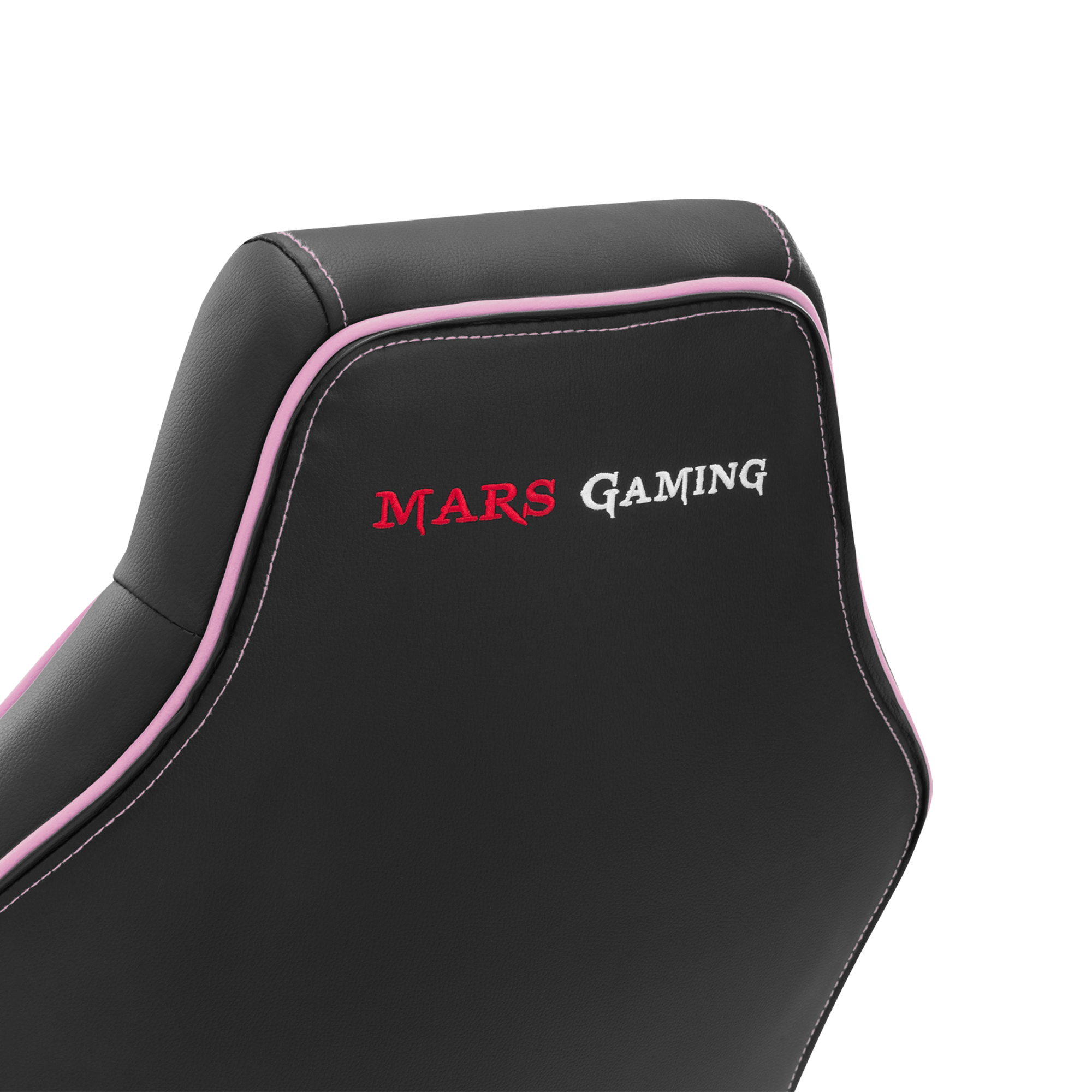 Silla gaming negra con ribete rosa y texto "MARS GAMING".