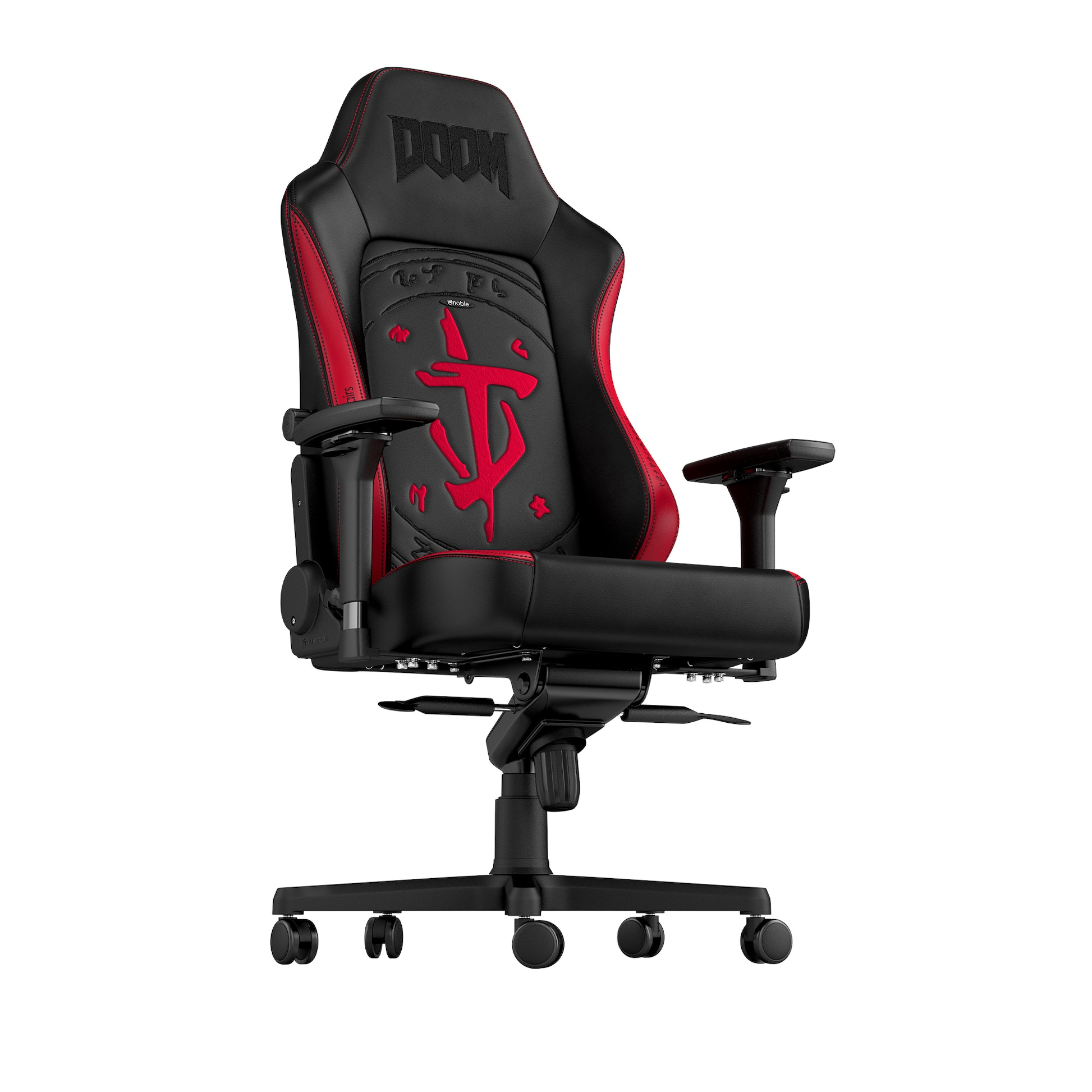 Ein schwarzer Gaming-Stuhl mit roter Ziernaht und dem DOOM-Logo.
