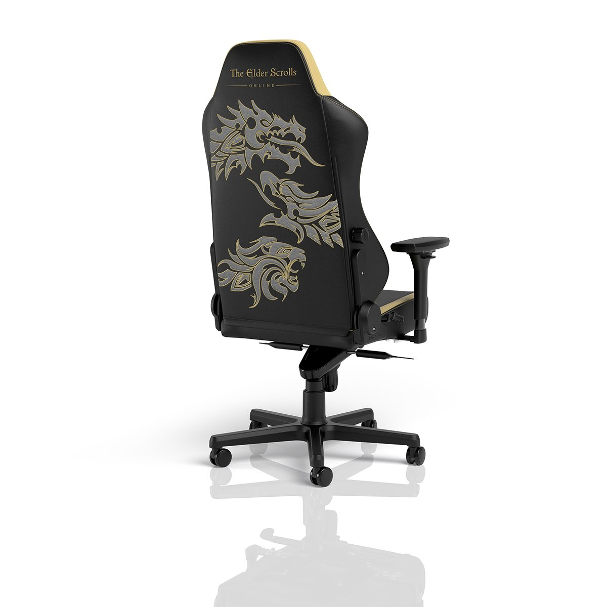 Ein schwarzer Gaming-Stuhl mit goldenen Drachenmotiven und "The Elder Scrolls Online"-Logo.