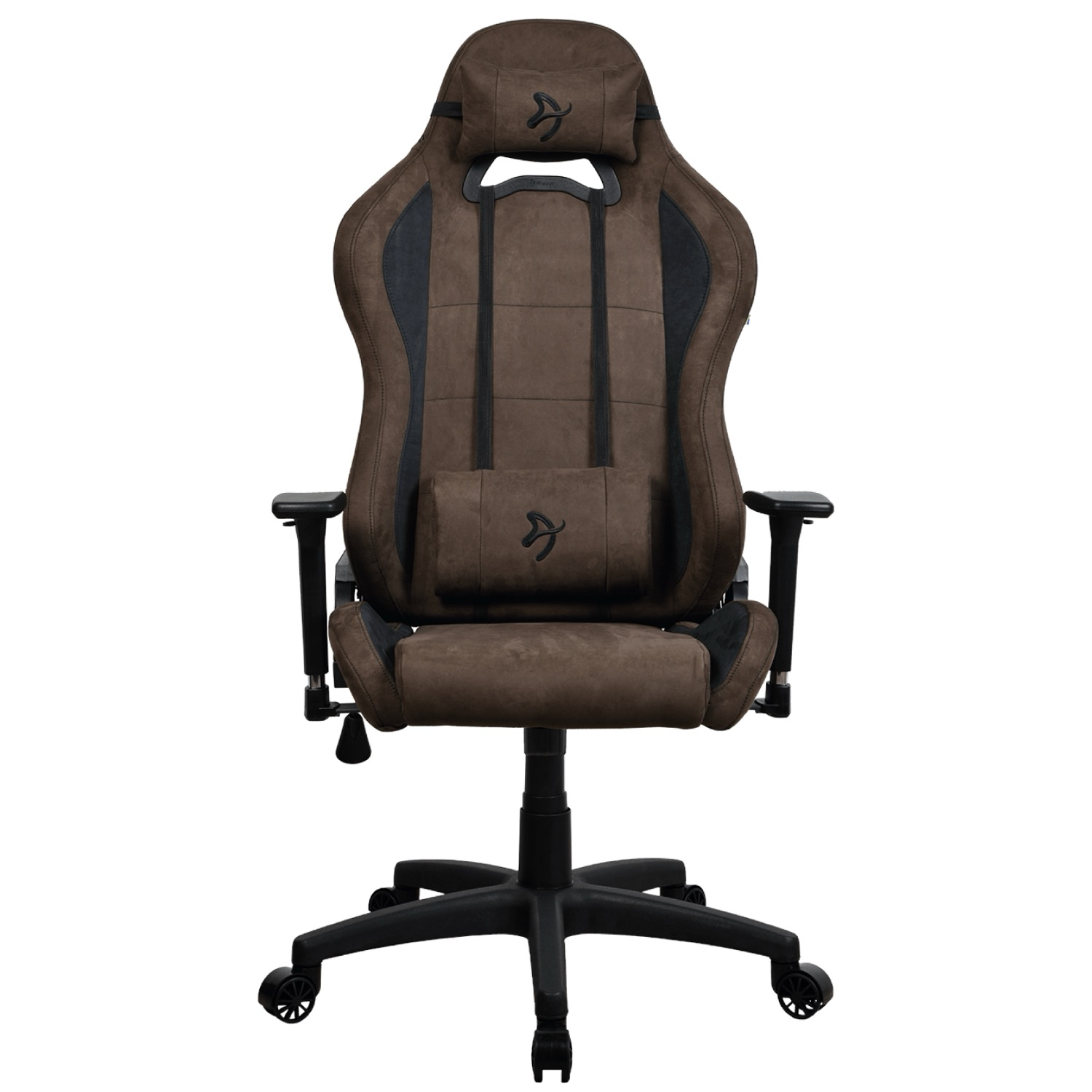 Brauner Gaming-Stuhl mit schwarzem Untergestell und Rollen.