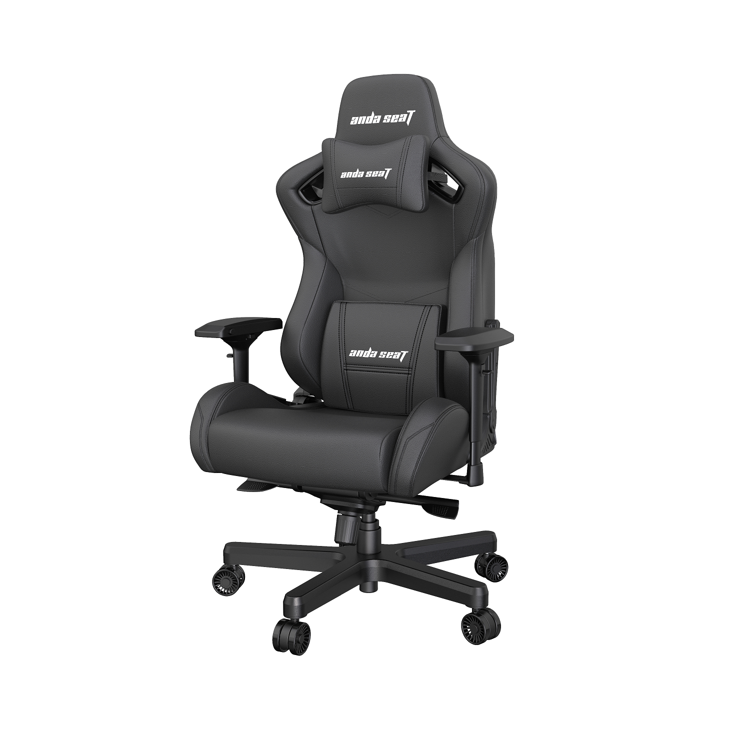 Schwarzer Gaming-Stuhl mit Anda Seat Logo, verstellbaren Armlehnen und Rädern.