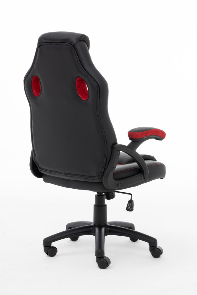 Schwarzer Gamingstuhl mit roten Akzenten und Rollen.