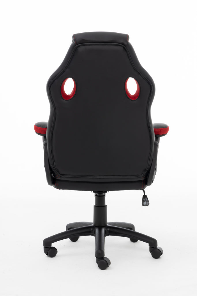 Rückansicht eines schwarzen Gaming-Stuhls mit roten Akzenten und zwei runden Aussparungen.