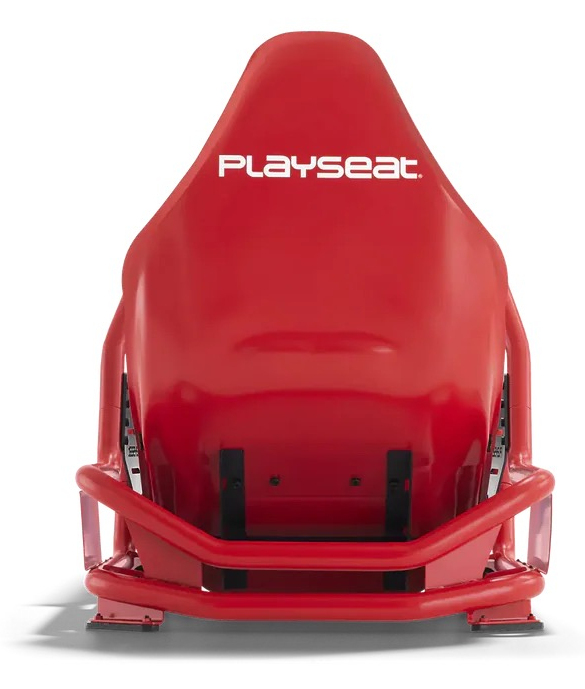 Een rode racegame stoel met PLAYSEAT logo op de achterkant.