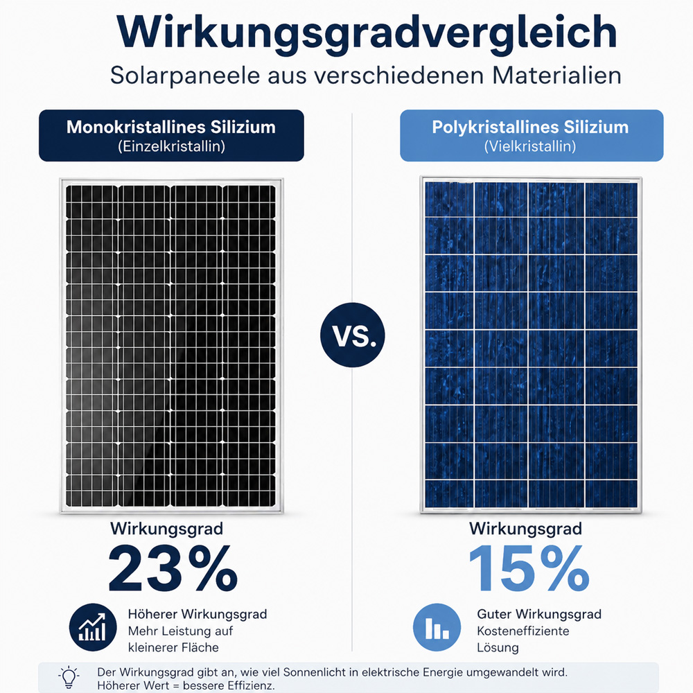 Vergleich von monokristallinen (23%) und polykristallinen (15%) Solarzellen.