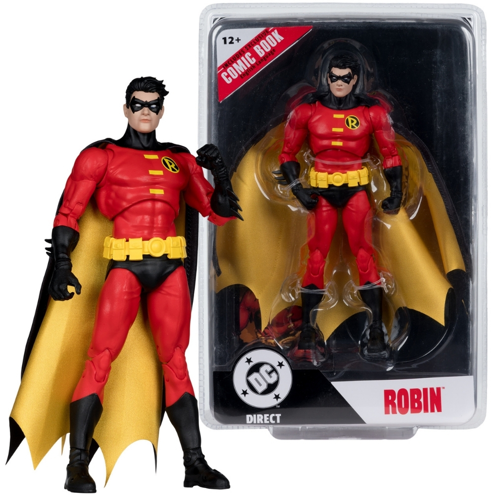 Action figure di Robin in rosso, nero e giallo accanto alla sua confezione.