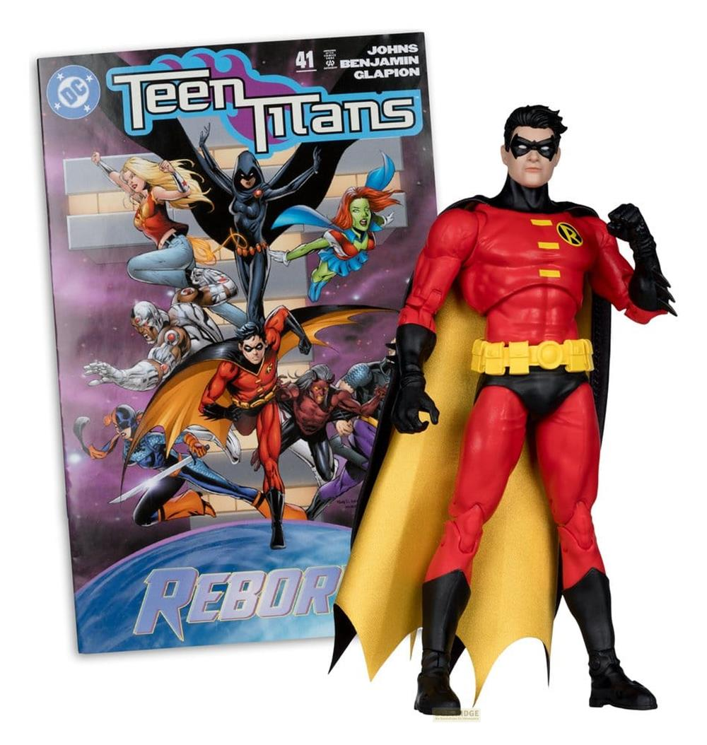 Action figure di Robin accanto alla copertina di un fumetto dei Teen Titans con più supereroi.