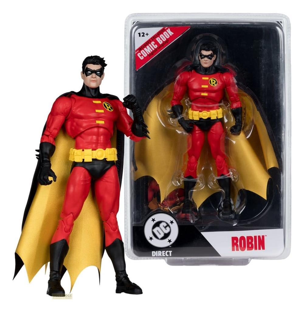 Action figure di Robin in costume rosso e giallo, con mantello, in confezione.