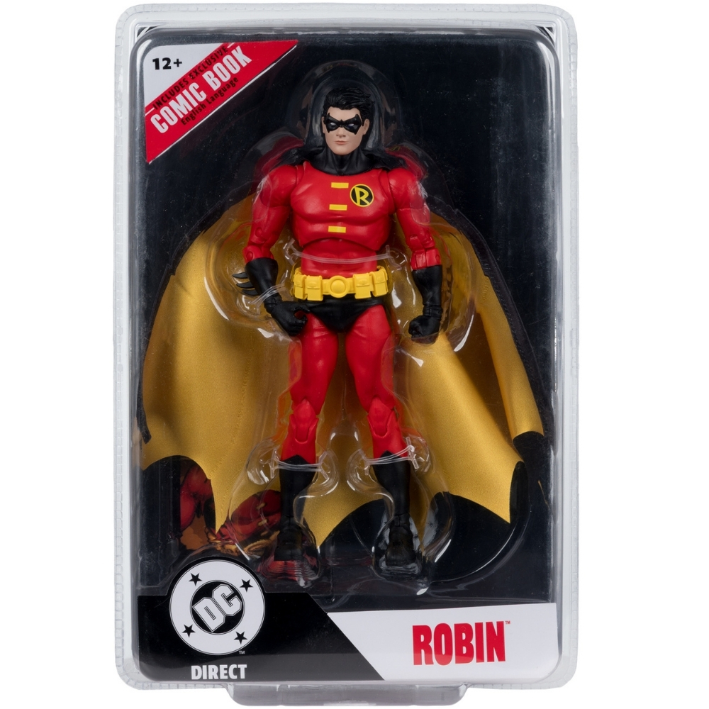 Action figure di Robin in rosso e nero con mantello e cintura gialli, in confezione.