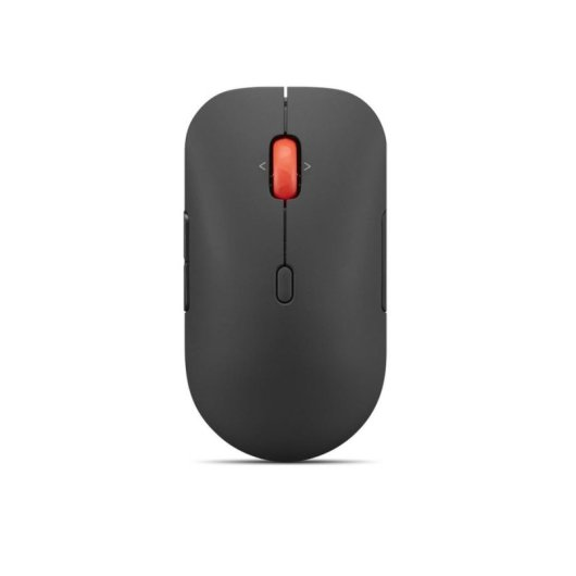 A grey computer mouse with a red scroll wheel and a black stripe.