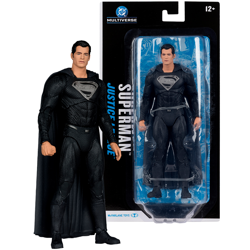 Action figure di Superman in abito nero con mantello nero e logo rosso.