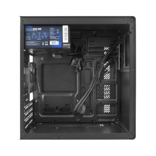 Vista interna di un case per computer nero con alimentatore e cavi.