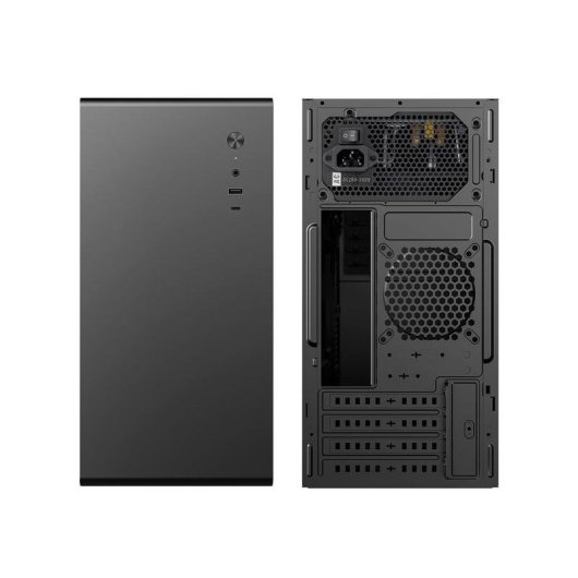 Vista frontale e posteriore di un case per computer nero con porte e connessioni.