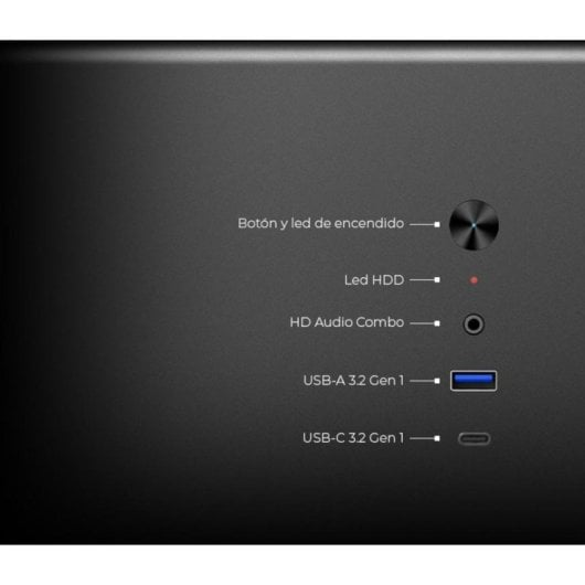 Case nero con porte: pulsante di accensione, LED HDD, jack audio, USB-A e USB-C.