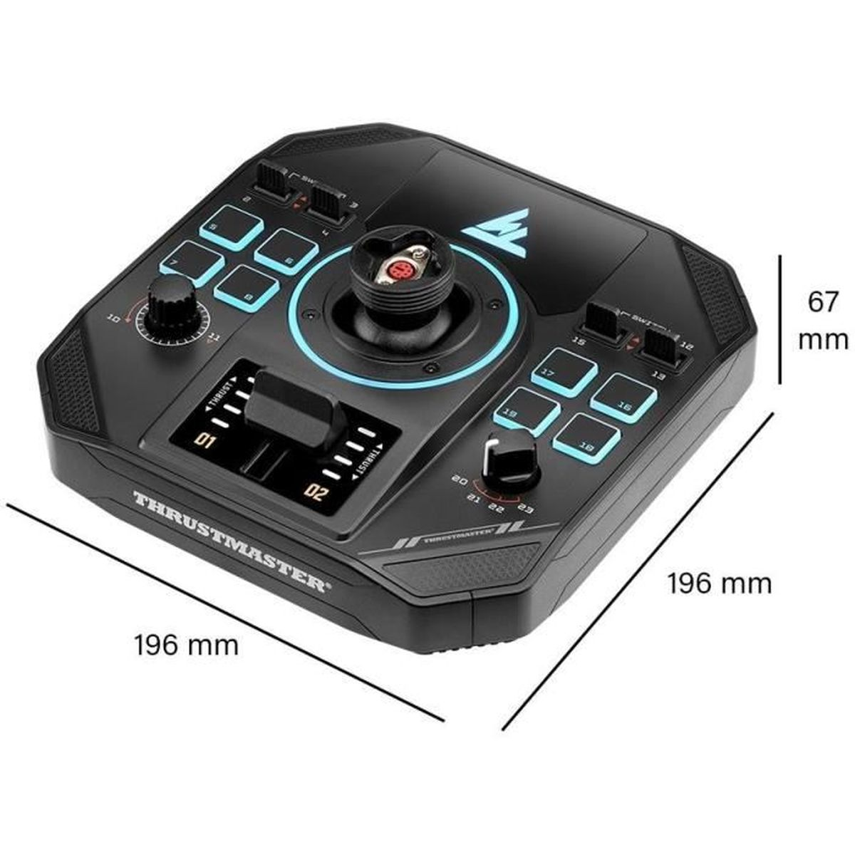 Schwarzer Thrustmaster-Joystick mit blauen Akzenten, 196x67mm.