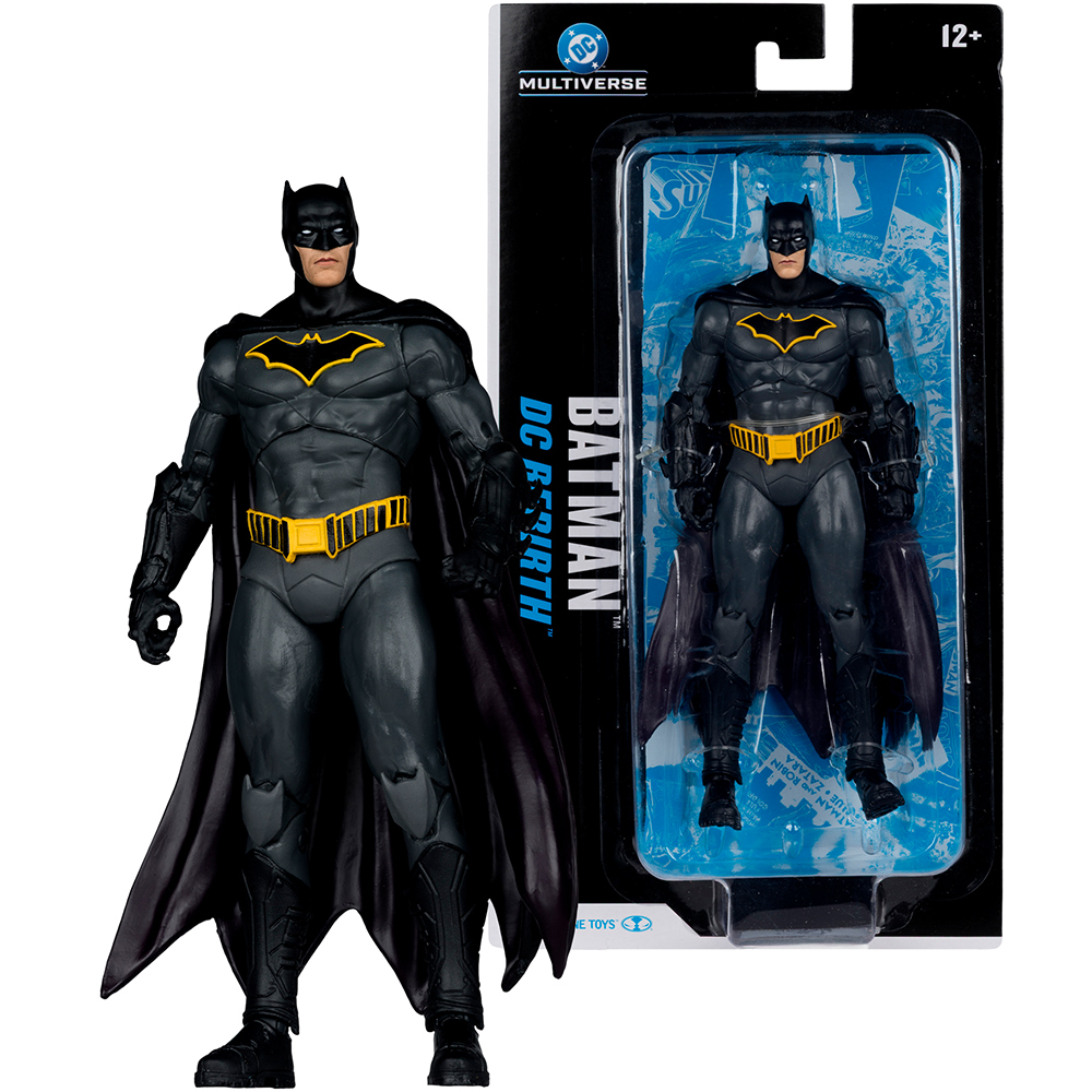 Action figure di Batman in tuta scura con cintura gialla, confezionata e non.
