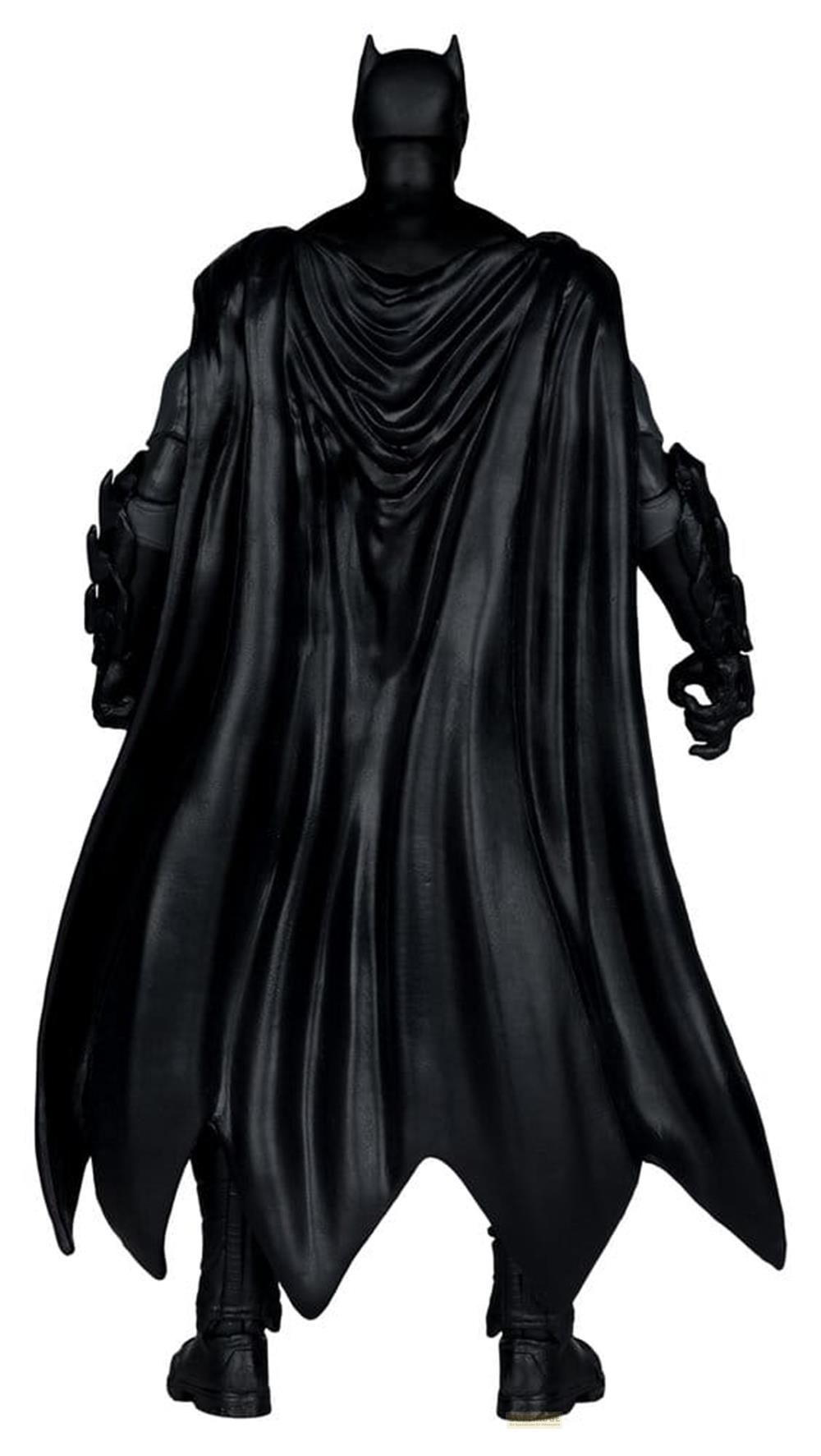 Vista posteriore di una figura nera di Batman con mantello e orecchie a punta.