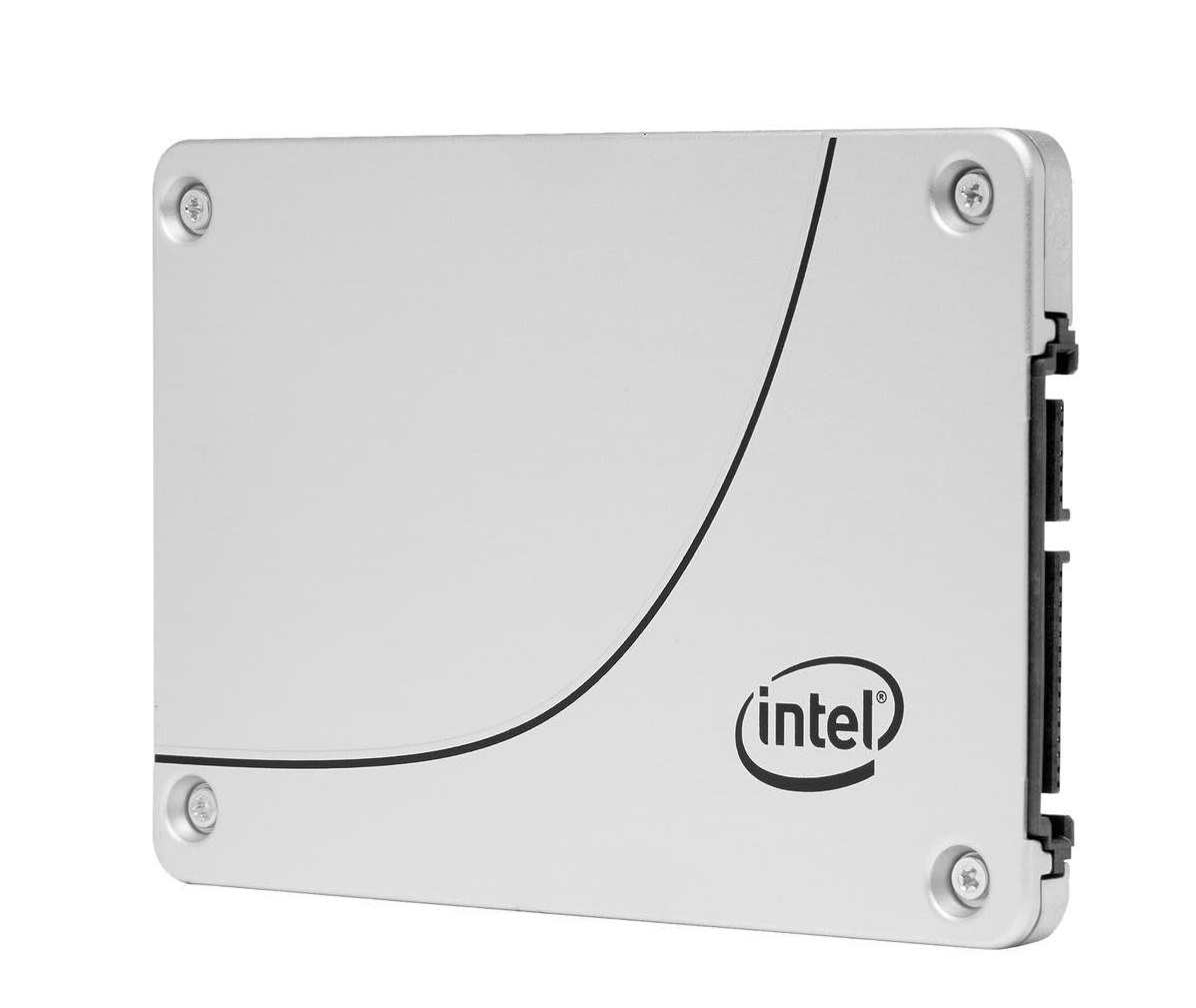 Silberne Intel SSD mit schwarzer geschwungener Linie und Logo auf weißem Grund.