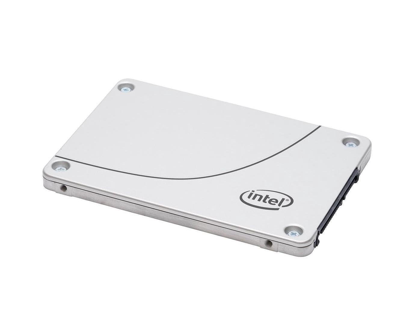 Eine silberne SSD mit Intel-Logo und Anschluss.