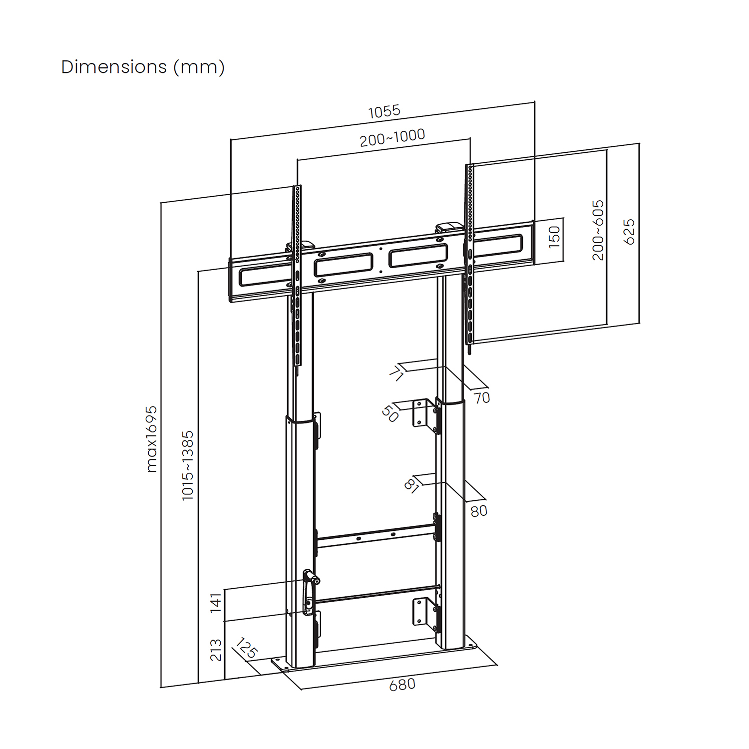 Disegno tecnico di un supporto TV con dimensioni in mm.