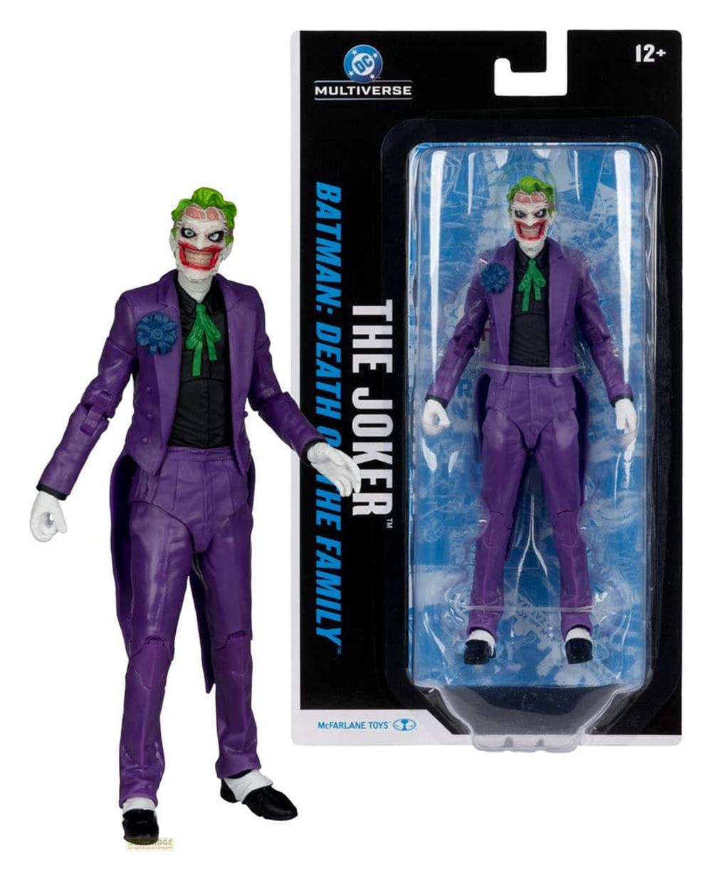 Una action figure del Joker in completo viola accanto alla sua versione in confezione.